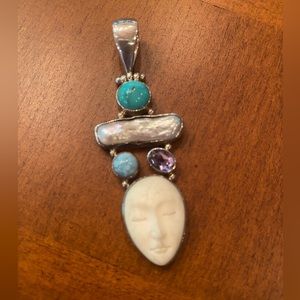 925 Solid Sterling Handmade Pendant Carved BoneFace Amethyst Turquoise BiwaPearl